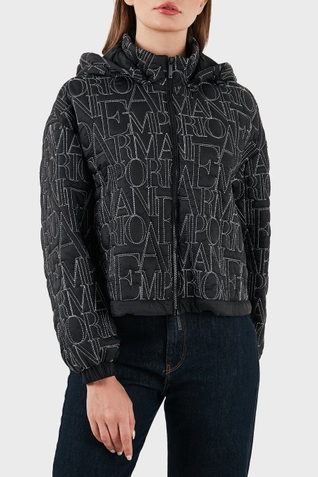 Emporio Armani Logo İşlemeli Regular Fit Çıkarılabilir Kapüşonlu Bayan Mont EW001389 AF12645 UC001 SİYAH - Emporio Armani