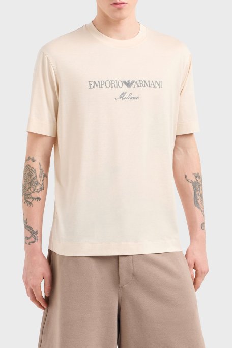 Emporio Armani Logo İşlemeli Regular Fit Pamuklu Bisiklet Yaka Erkek T Shirt EM001033 AF10017 M1052 EKRU - Emporio Armani