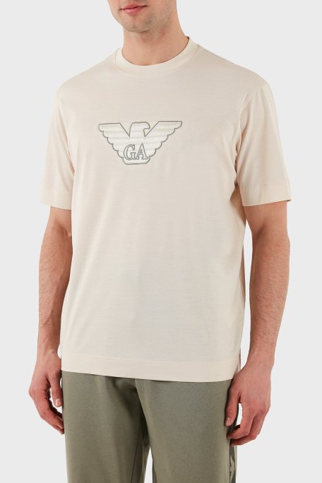 Emporio Armani Logo İşlemeli Regular Fit Pamuklu Bisiklet Yaka Erkek T Shirt EM001033 AF10017 M1089 EKRU - Emporio Armani