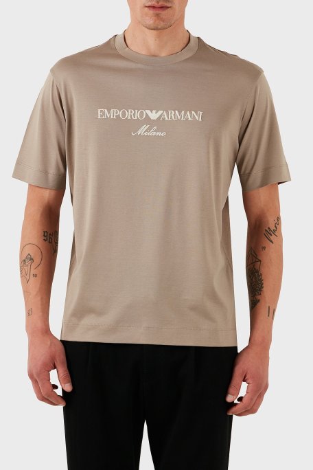 Emporio Armani Logo İşlemeli Regular Fit Pamuklu Bisiklet Yaka Erkek T Shirt EM001033 AF10017 M6085 BEJ - Emporio Armani