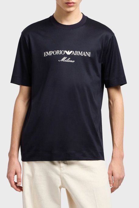 Emporio Armani Logo İşlemeli Regular Fit Pamuklu Bisiklet Yaka Erkek T Shirt EM001033 AF10017 MB222 LACİVERT - Emporio Armani