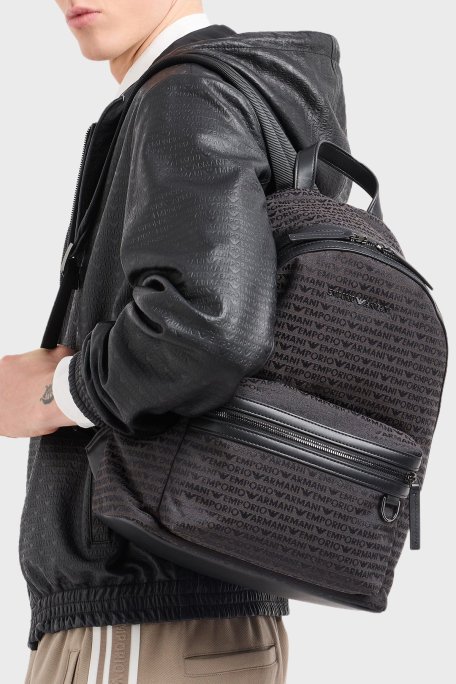 Emporio Armani Logo Kaplı Jakarlı Ayarlanabilir Askılı Erkek Sırt Çantası EM001209 AF13823 U8168 SİYAH - Emporio Armani (1)