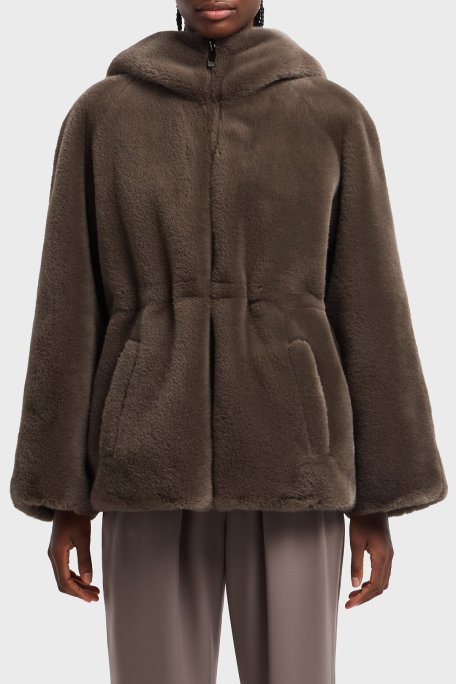Emporio Armani Logo Nakışlı Çift Taraflı Comfort Fit Suni Kürklü Bayan Kaban EW001467 AF14618 U6125 KAHVE - Emporio Armani