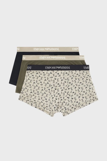 Emporio Armani Logolu % 100 Pamuk 3 Pack Erkek Boxer EM000260 AF10800 MC112 Siyah-Yeşil-Krem - Emporio Armani