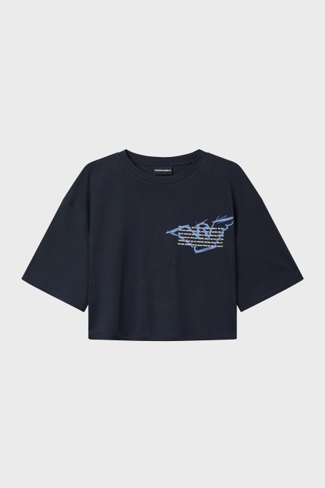 Emporio Armani Logolu % 100 Pamuk Cropped Fit Bisiklet Yaka Bayan T Shirt EW004388 AF12597 UB115 LACİVERT - Emporio Armani