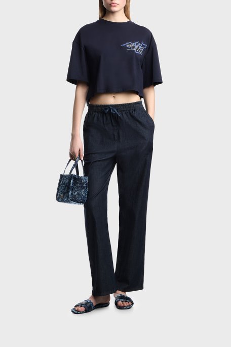 Emporio Armani Logolu % 100 Pamuk Cropped Fit Bisiklet Yaka Bayan T Shirt EW004388 AF12597 UB115 LACİVERT - Emporio Armani (1)