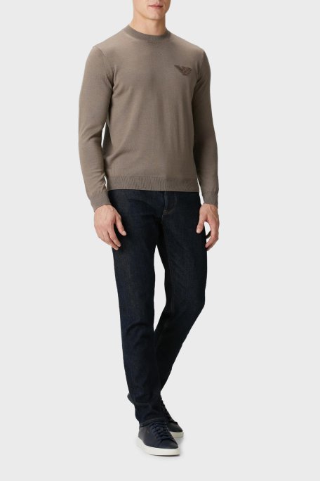 Emporio Armani Logolu % 100 Yün Regular Fit Bisiklet Yaka Erkek Kazak EM002419 AF14158 U6189 KAHVE - Emporio Armani (1)