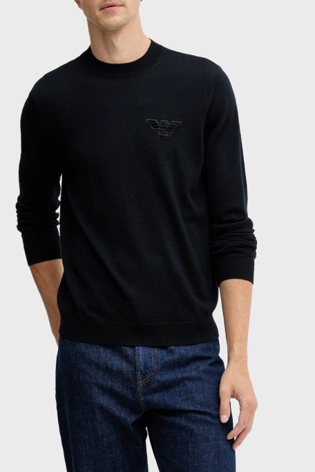 Emporio Armani Logolu % 100 Yün Regular Fit Bisiklet Yaka Erkek Kazak EM002419 AF14158 UB118 LACİVERT - Emporio Armani