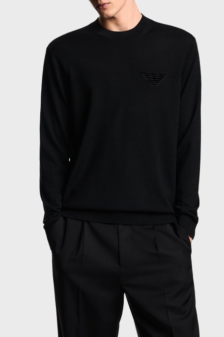 Emporio Armani Logolu % 100 Yün Regular Fit Bisiklet Yaka Erkek Kazak EM002419 AF14158 UC001 SİYAH - Emporio Armani