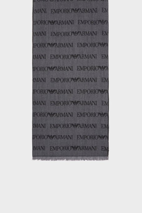 Emporio Armani Logolu 43 x 183 cm % 100 Yün Erkek Şal EM004238 AF21541 F7086 GRİ-SİYAH - Emporio Armani