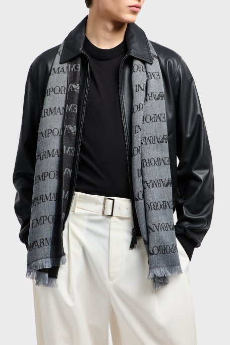 Emporio Armani Logolu 43 x 183 cm % 100 Yün Erkek Şal EM004238 AF21541 F7086 GRİ-SİYAH - Emporio Armani (1)