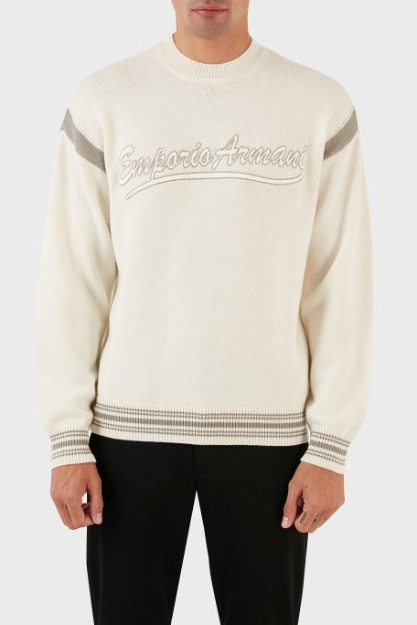 Emporio Armani Logolu Bisiklet Yaka Regular Fit Yünlü Triko Erkek Kazak 6R1MXA 1MFUZ 0128 EKRU - Emporio Armani