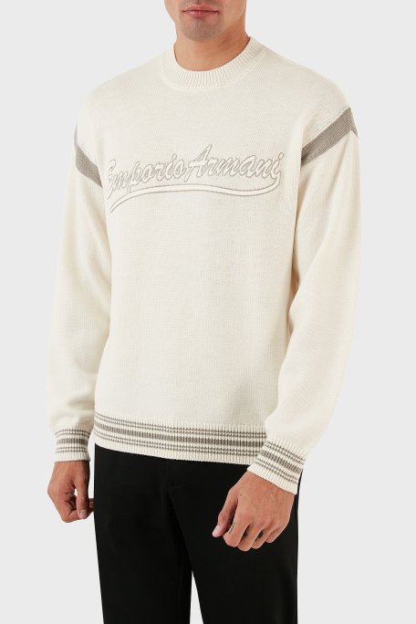 Emporio Armani Logolu Bisiklet Yaka Regular Fit Yünlü Triko Erkek Kazak 6R1MXA 1MFUZ 0128 EKRU - Emporio Armani (1)