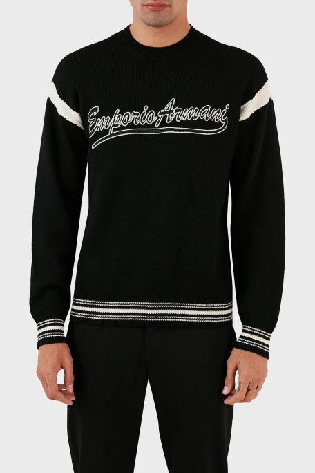 Emporio Armani Logolu Bisiklet Yaka Regular Fit Yünlü Triko Erkek Kazak 6R1MXA 1MFUZ 0999 SİYAH - Emporio Armani