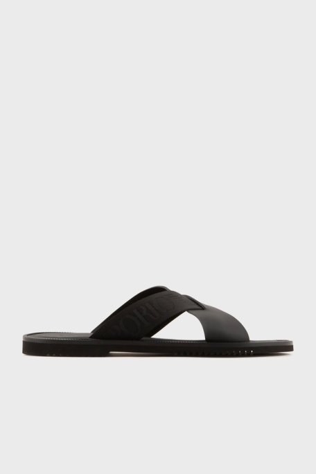 Emporio Armani Logolu Çapraz Bantlı Deri Erkek Terlik X4P124 XN787 K001 SİYAH - Emporio Armani