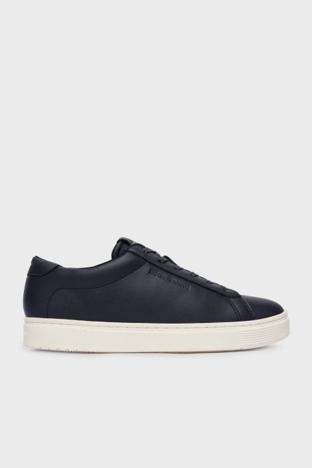 Emporio Armani Logolu Deri Sneaker Erkek Ayakkabı EM004783 AF20004 U8139 LACİVERT - Emporio Armani