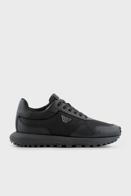 Emporio Armani Logolu Deri Sneaker Erkek Ayakkabı X4X630 XN877 K001 SİYAH - Emporio Armani