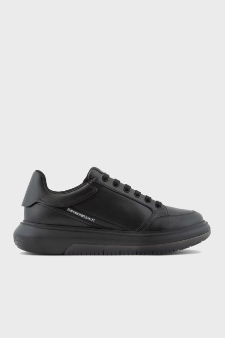 Emporio Armani Logolu Deri Sneaker Erkek Ayakkabı X4X633 XM964 K001 SİYAH - Emporio Armani