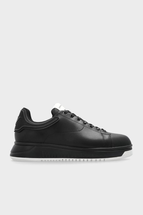 Emporio Armani Logolu Hakiki Deri Kalın Taban Sneaker Erkek Ayakkabı EM003663 AF18212 MC105 SİYAH - Emporio Armani