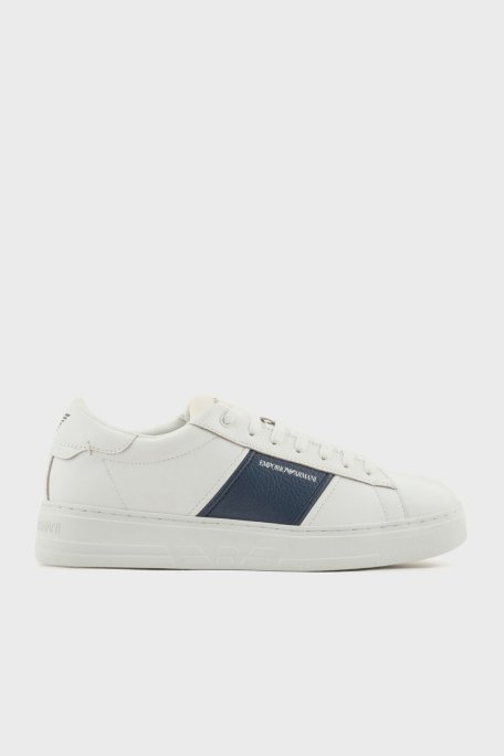 Emporio Armani Logolu Hakiki Deri Kalın Tabanlı Sneaker Erkek Ayakkabı X4X570 XN840 T849 BEYAZ-LACİVERT - Emporio Armani