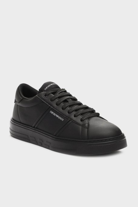 Emporio Armani Logolu Hakiki Deri Sneaker Erkek Ayakkabı EM003701 AF18017 MC005 SİYAH - Emporio Armani