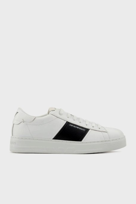 Emporio Armani Logolu Hakiki Deri Sneaker Erkek Ayakkabı EM003701 AF18017 MZ021 BEYAZ-SİYAH - Emporio Armani