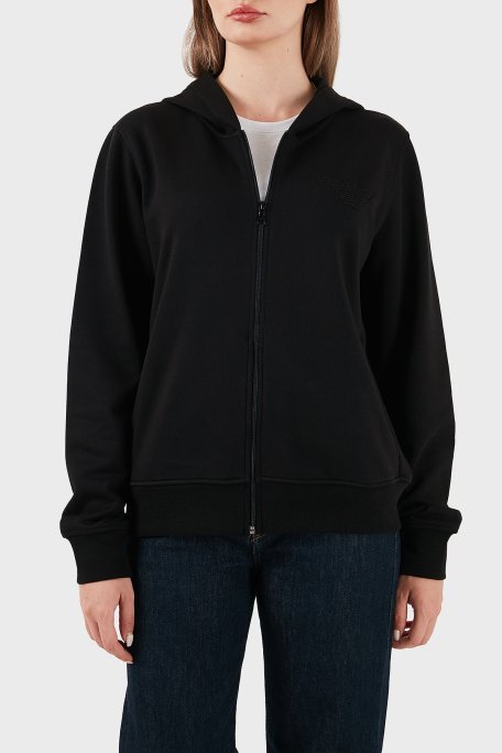 Emporio Armani Logolu Pamuklu Regular Fit Kapüşonlu Yaka Bayan Sweat EW000392 AF15356 UC001 SİYAH - Emporio Armani