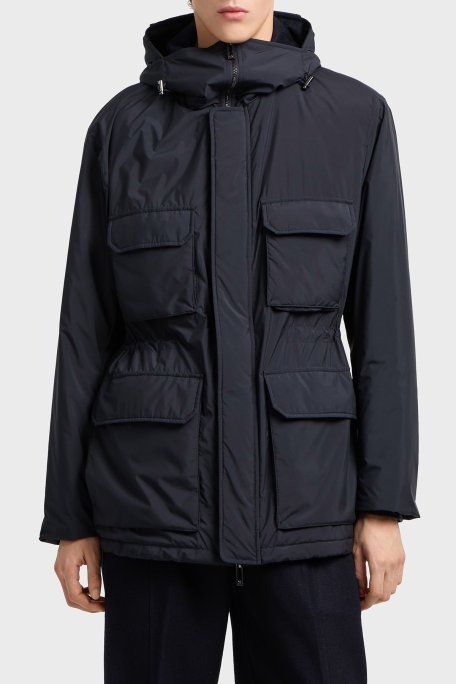 Emporio Armani Logolu Regular Fit Su İtici Kapüşonlu Şişme Erkek Mont EM003184 AF18503 UB118 LACİVERT - Emporio Armani