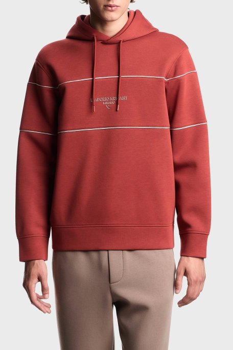 Emporio Armani Logolu Şerit Detaylı Regular Fit Kapüşonlu Erkek Sweat EM002885 AF17545 U5035 KIRMIZI - Emporio Armani