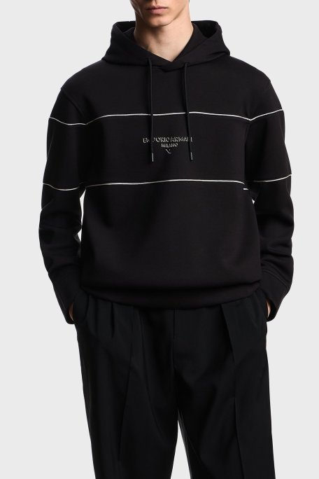 Emporio Armani Logolu Şerit Detaylı Regular Fit Kapüşonlu Erkek Sweat EM002885 AF17545 UC001 SİYAH - Emporio Armani