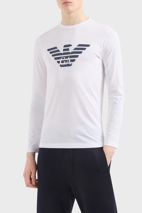 Emporio Armani Logolu Slim Fit Bisiklet Yaka Uzun Kollu Pamuklu Erkek T Shirt 8N1TN8 1JPZZ 0147 BEYAZ-LACİVERT - Emporio Armani