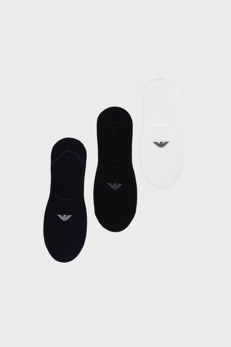 Emporio Armani Logolu Streç Pamuklu 3 Pack Babet Erkek Çorap EM000548 AF14446 M0091 Mavi-Siyah-Beyaz - Emporio Armani