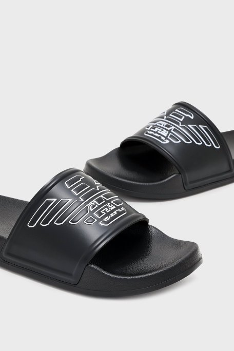 Emporio Armani Logolu Tek Bantlı Unisex Terlik XVPS11 XR273 K485 SİYAH-BEYAZ - Emporio Armani (1)