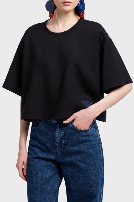 Emporio Armani Loose Fit Bisiklet Yaka Arka Kısmı Cupro Bayan T Shirt EW000488 AF12911 UC001 SİYAH - Emporio Armani