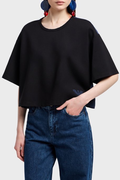 Emporio Armani Loose Fit Bisiklet Yaka Arka Kısmı Cupro Kadın T Shirt EW000488 AF12911 UC001 SİYAH - Emporio Armani