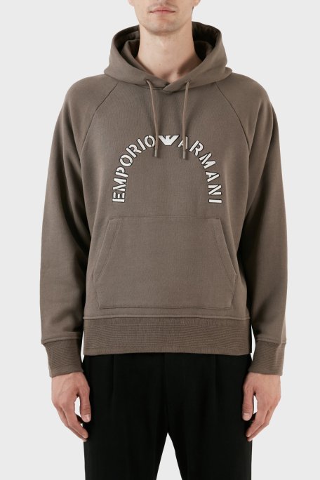 Emporio Armani Nakış İşlemeli Logolu Kapüşonlu Cepli Regular Fit Pamuklu Erkek Sweat 6R1ME9 1JWPZ 04A8 KAHVE - Emporio Armani