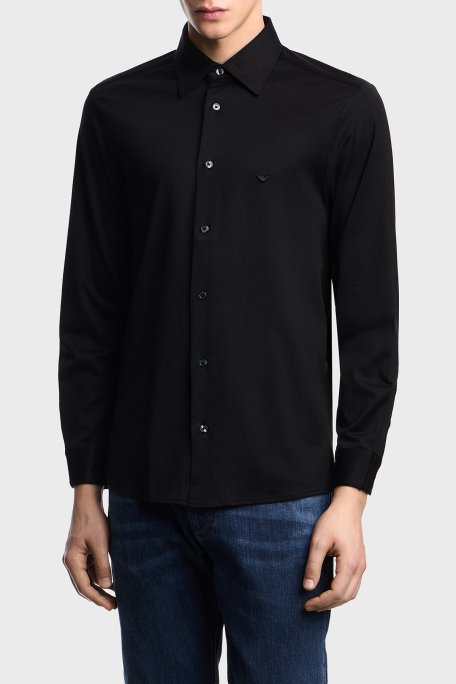 Emporio Armani Pamuk Karışım Slim Fit Logolu Uzun Kollu Erkek Gömlek EM004604 AF10017 UC001 SİYAH - Emporio Armani