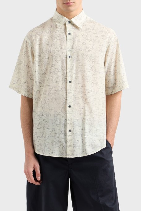 Emporio Armani Pamuk Karışımlı Oversize Fit Tamamı Baskılı Erkek Gömlek EM001535 AF14214 MB046 EKRU - Emporio Armani
