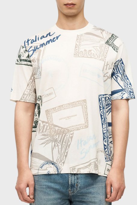 Emporio Armani Pamuk Karışımlı Regular Fit Baskılı Bisiklet Yaka Erkek T Shirt EM005274 AF24857 M0359 KREM - Emporio Armani