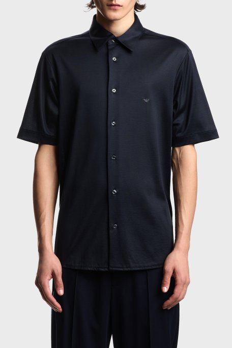 Emporio Armani Pamuk Karışımlı Slim Fit Logolu Kısa Kollu Erkek Gömlek EM004603 AF10017 UB118 LACİVERT - Emporio Armani
