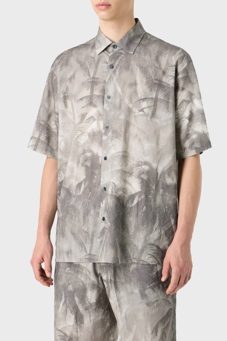 Emporio Armani Pamuklu İpeksi Oversize Kısa Kollu Erkek Gömlek 3D1CG7 1NRDZ F617 GRİ - Emporio Armani