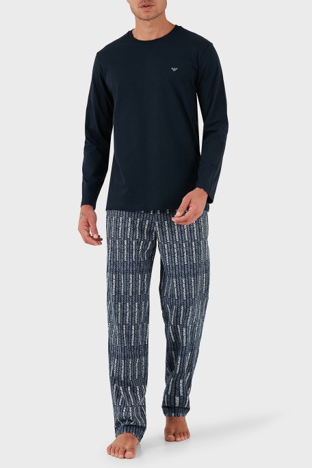 Emporio Armani Pamuklu Jakarlı Regular Fit Normal Bel Bisiklet Yaka Erkek Pijama Takımı EM000611 AF14994 MB310 MAVİ - Emporio Armani