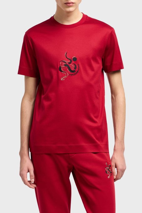 Emporio Armani Pamuklu Karışımlı Regular Fit Bisiklet Yaka Erkek T Shirt EM001702 AF10017 U5078 KIRMIZI - Emporio Armani