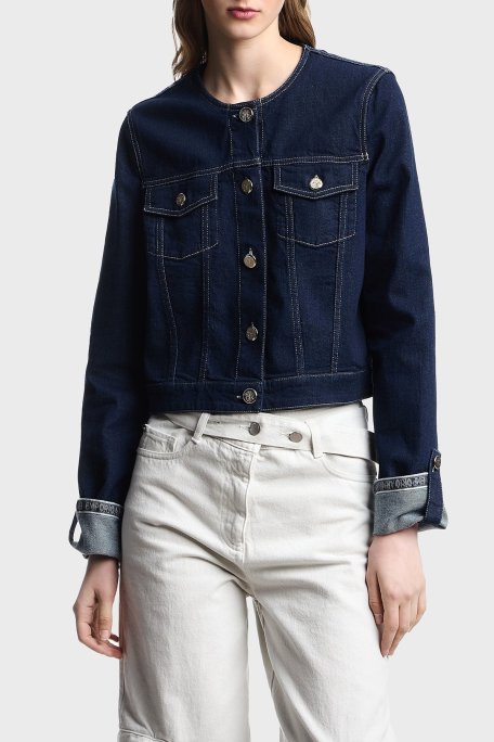 Emporio Armani Pamuklu Regular Fit Bisiklet Yaka Bayan Kot Ceket EW000753 AF12436 MB001 LACİVERT - Emporio Armani