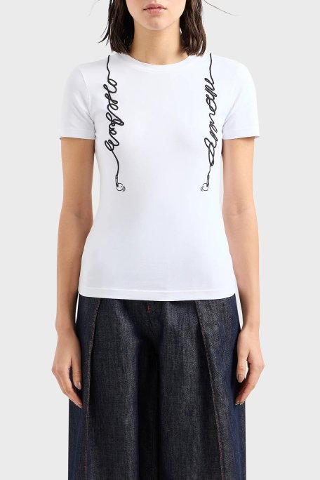 Emporio Armani Pamuklu Regular Fit Bisiklet Yaka Bayan T Shirt 3D2T7R 2J07Z 0100 BEYAZ - Emporio Armani