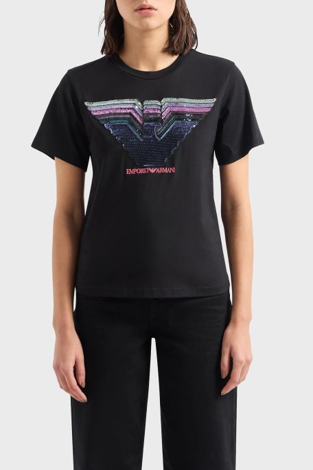 Emporio Armani Pamuklu Regular Fit Bisiklet Yaka Bayan T Shirt 3D2T7T 2JIDZ 0999 SİYAH - Emporio Armani