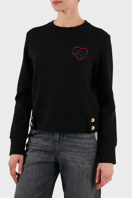 Emporio Armani Pamuklu Regular Fit Bisiklet Yaka Düğme Detaylı Bayan Sweat EW001361 AF10002 UC001 SİYAH - Emporio Armani