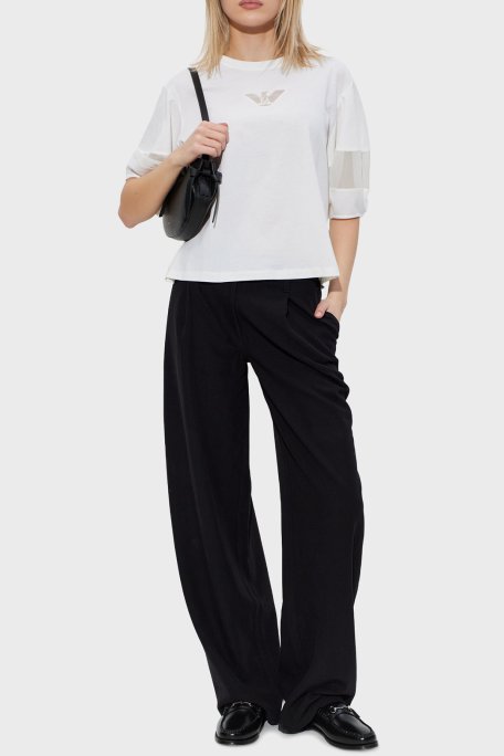 Emporio Armani Pamuklu Regular Fit Bisiklet Yaka Kol Detaylı Kadın T Shirt EW004390 AF13318 U0006 KREM - Emporio Armani (1)