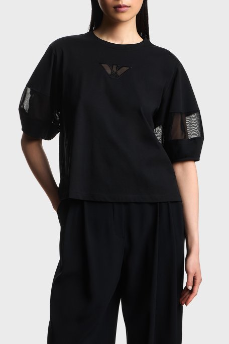 Emporio Armani Pamuklu Regular Fit Bisiklet Yaka Kol Detaylı Bayan T Shirt EW004390 AF13318 UC001 SİYAH - Emporio Armani