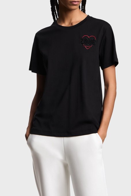 Emporio Armani Pamuklu Regular Fit Bisiklet Yaka Minimal Desenli Bayan T Shirt EW002608 AF18844 UC001 SİYAH - Emporio Armani